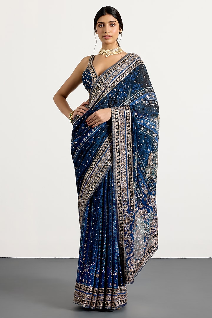 Midnight Blue Silk Printed & Hand Embroidered Bridal Saree Set by Ri Ritu Kumar at Pernia's Pop Up Shop