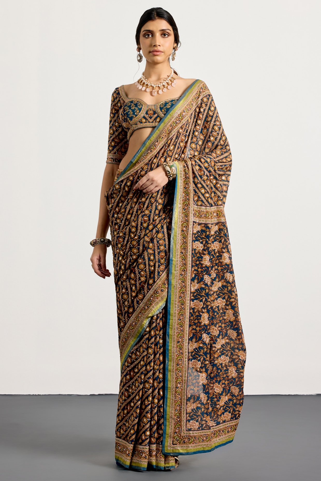 Ri Ritu Kumar Dark Teal Silk Printed & Embroidered Saree Set