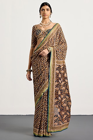 Dark Teal Silk Printed & Embroidered Saree Set by Ri Ritu Kumar