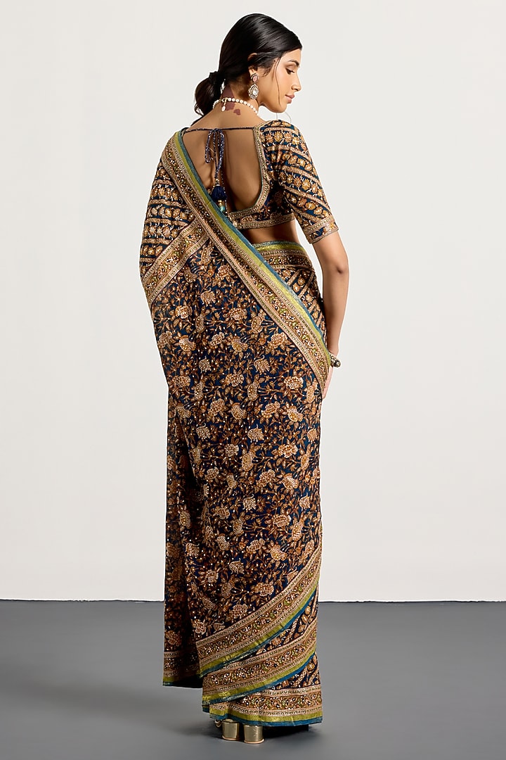 Dark Teal Silk Printed & Embroidered Bridal Saree Set by Ri Ritu Kumar at Pernia's Pop Up Shop