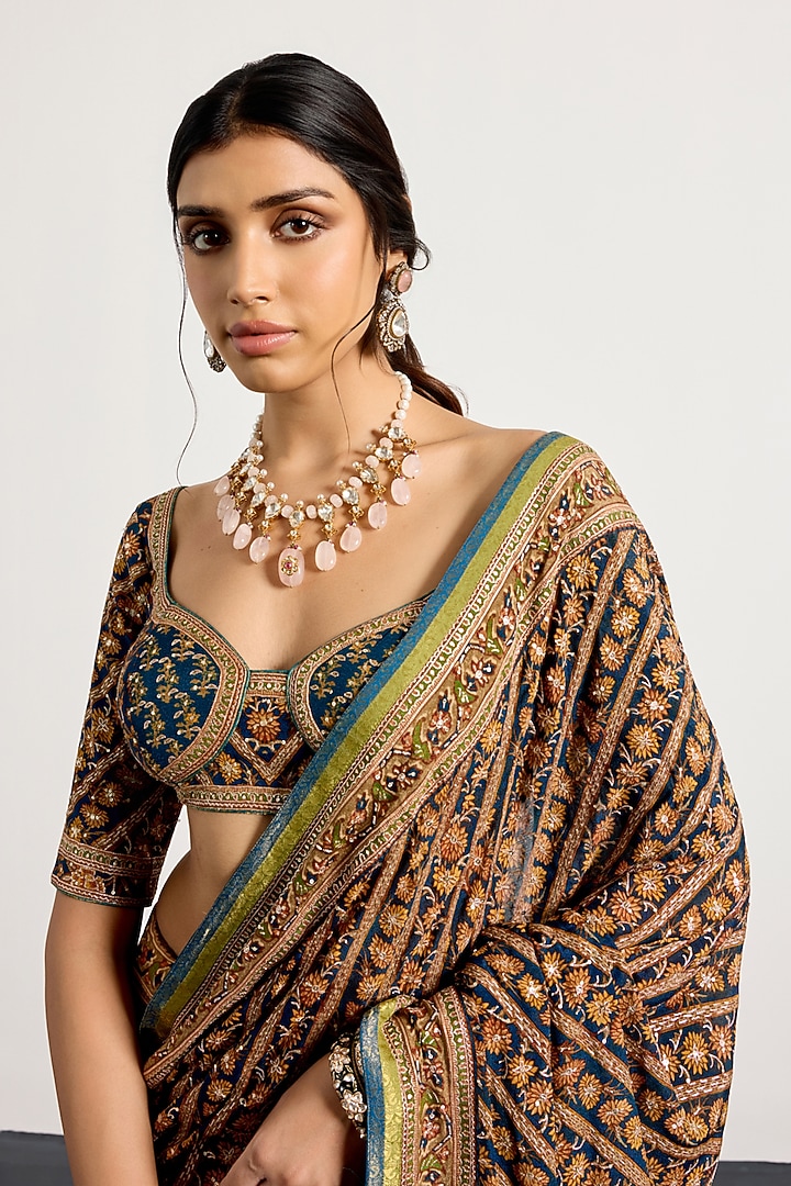 Dark Teal Silk Printed & Embroidered Bridal Saree Set by Ri Ritu Kumar at Pernia's Pop Up Shop