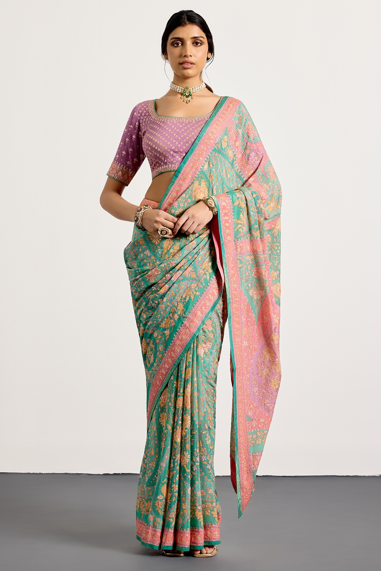 Ri Ritu Kumar Aqua & Pink Silk Floral Printed Saree Set
