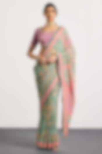 Aqua & Pink Silk Floral Printed Reception Saree Set by Ri Ritu Kumar at Pernia's Pop Up Shop