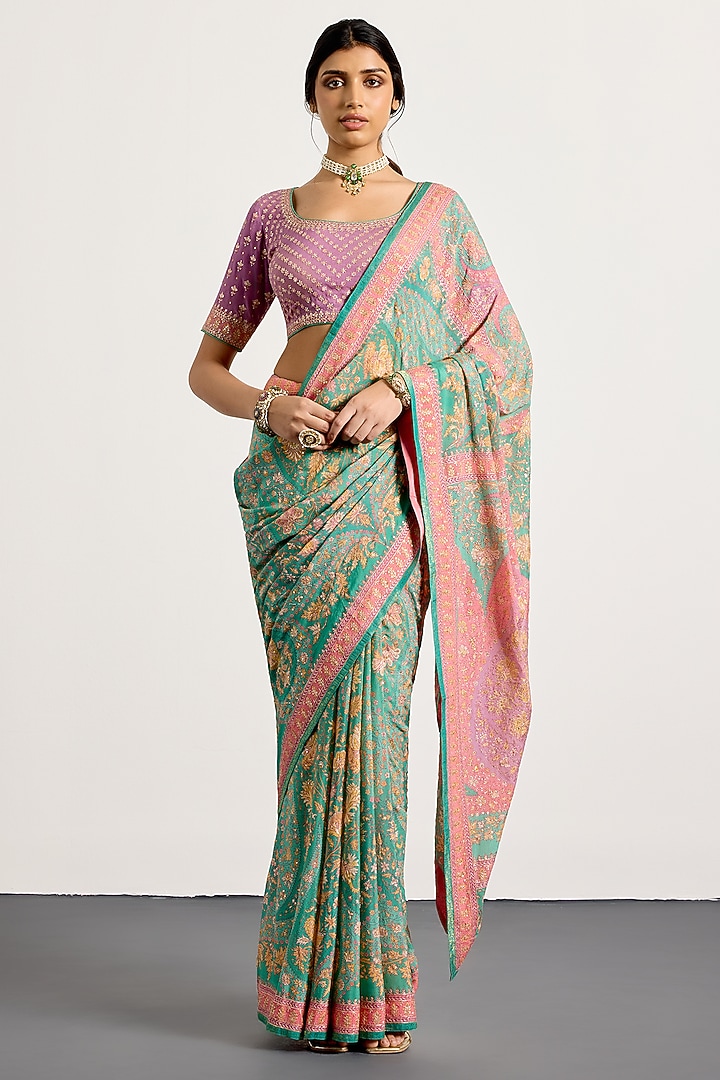 Aqua & Pink Silk Floral Printed Reception Saree Set by Ri Ritu Kumar at Pernia's Pop Up Shop