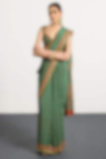 Green Silk Floral Printed & Hand Embroidered Bridal Saree Set by Ri Ritu Kumar at Pernia's Pop Up Shop