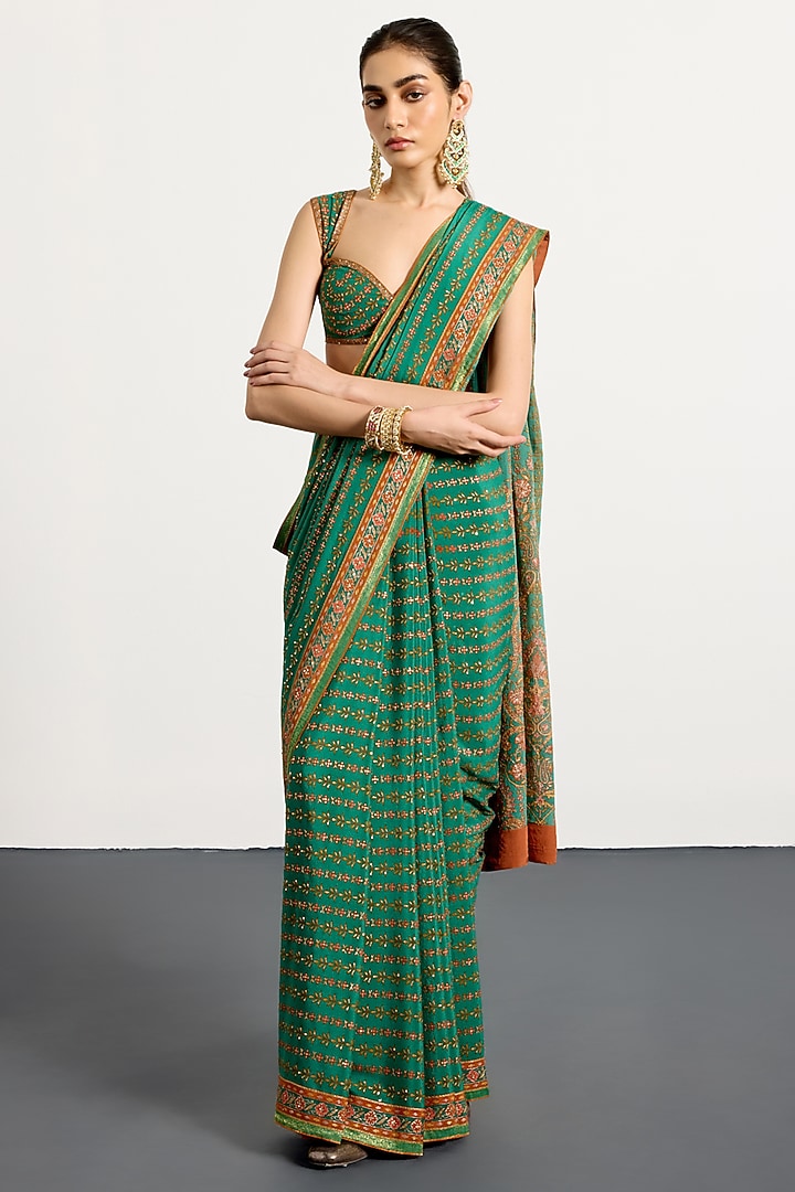 Green Silk Floral Printed & Hand Embroidered Bridal Saree Set by Ri Ritu Kumar at Pernia's Pop Up Shop
