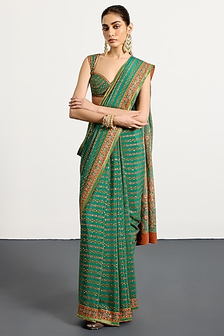 Green Silk Floral Printed & Hand Embroidered Saree Set by Ri Ritu Kumar