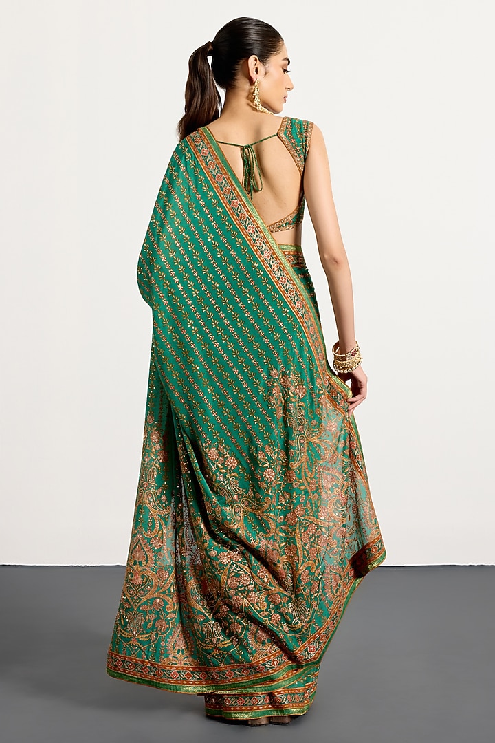 Green Silk Floral Printed & Hand Embroidered Bridal Saree Set by Ri Ritu Kumar at Pernia's Pop Up Shop