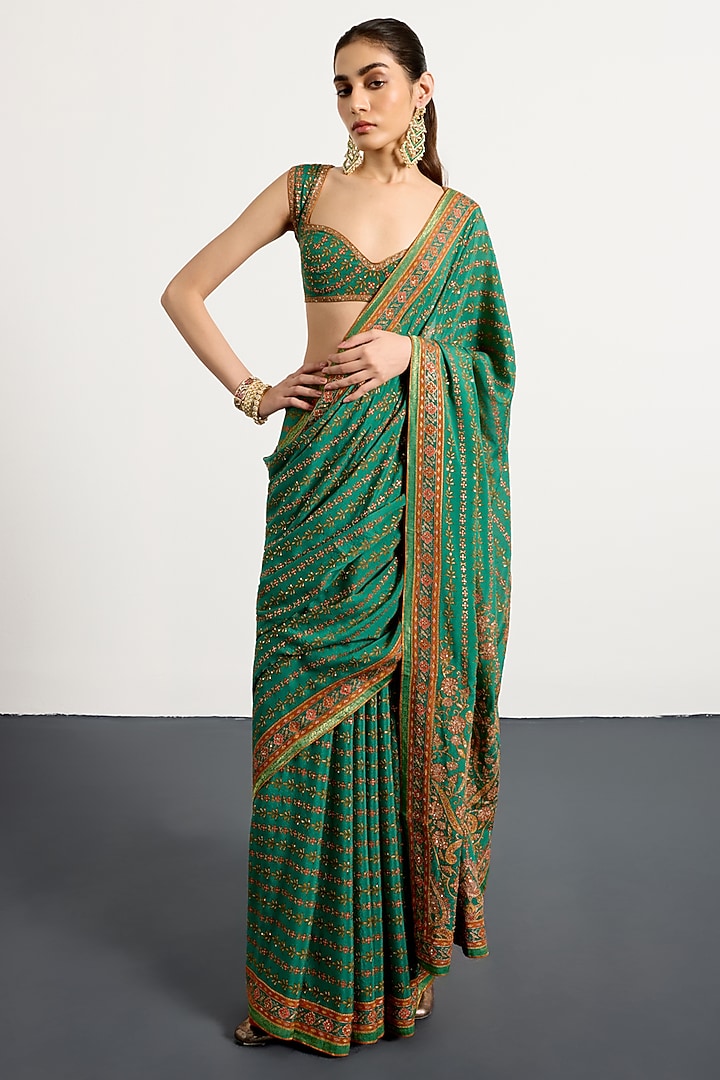 Green Silk Floral Printed & Hand Embroidered Bridal Saree Set by Ri Ritu Kumar at Pernia's Pop Up Shop