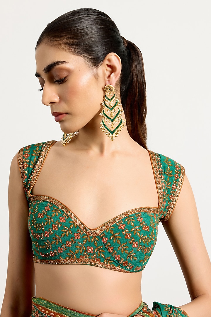 Green Silk Floral Printed & Hand Embroidered Bridal Saree Set by Ri Ritu Kumar at Pernia's Pop Up Shop