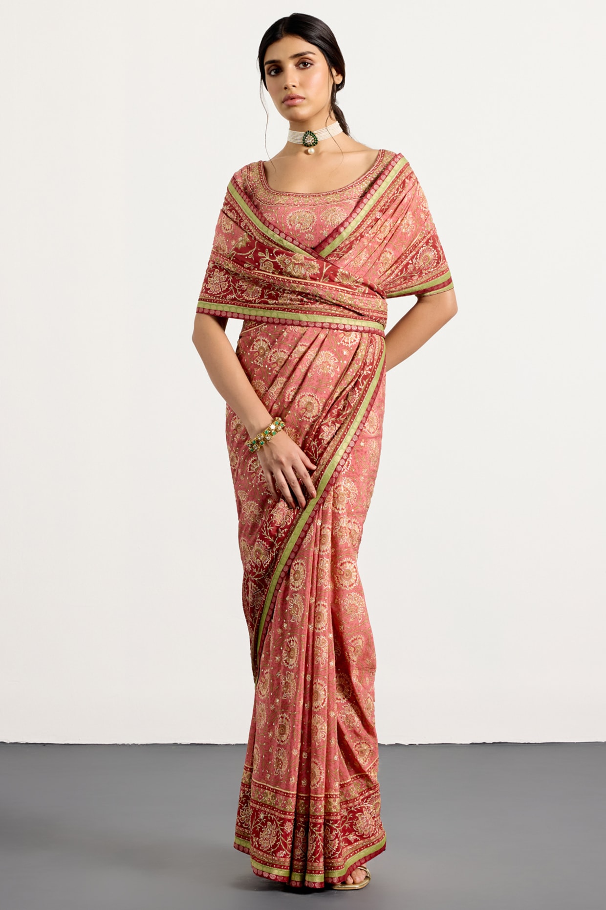 Ri Ritu Kumar Old Rose Silk Floral Printed & Hand Embroidered Saree Set