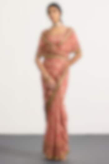 Old Rose Silk Floral Printed & Hand Embroidered Bridal Saree Set by Ri Ritu Kumar at Pernia's Pop Up Shop