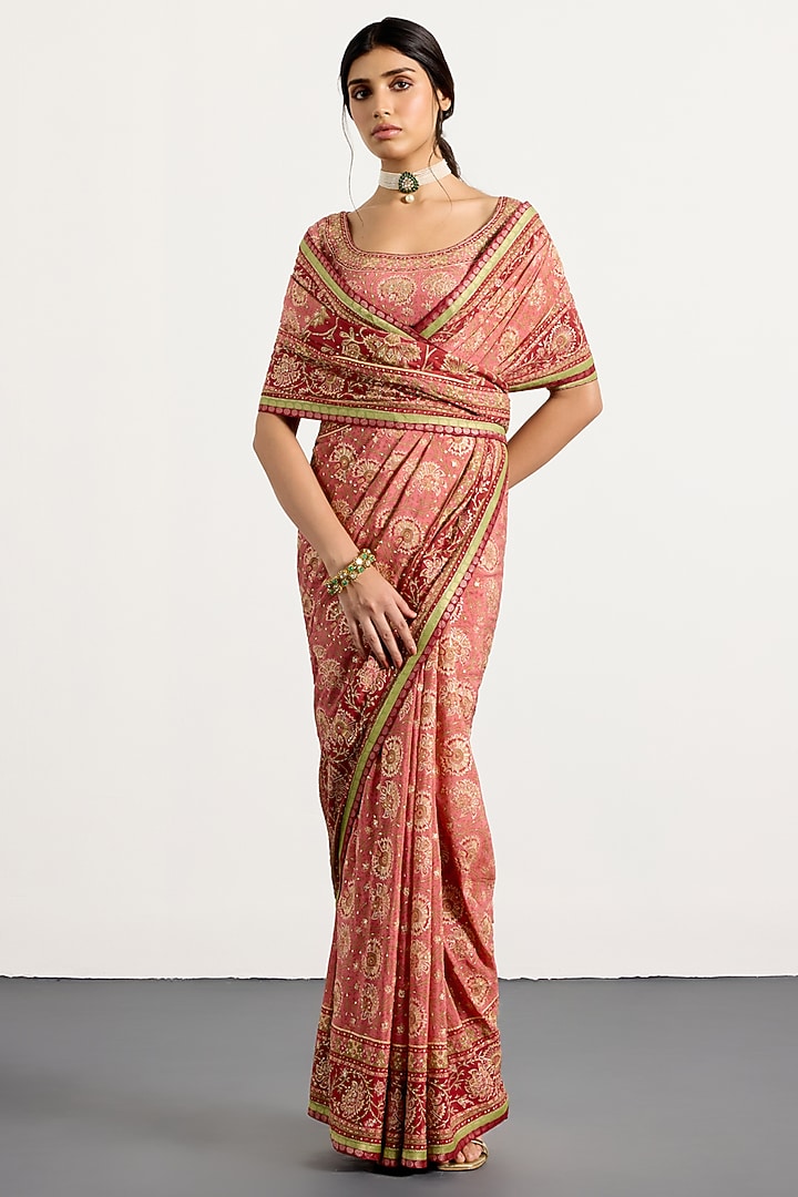 Old Rose Silk Floral Printed & Hand Embroidered Bridal Saree Set by Ri Ritu Kumar at Pernia's Pop Up Shop