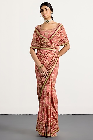 Old Rose Silk Floral Printed & Hand Embroidered Saree Set by Ri Ritu Kumar