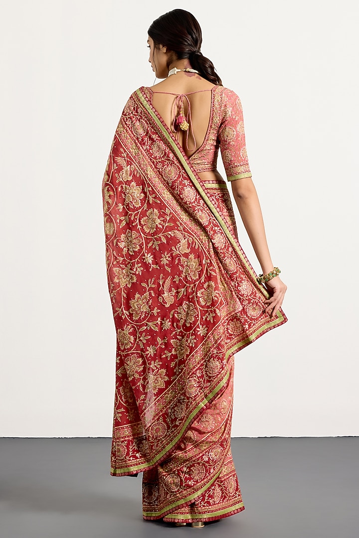 Old Rose Silk Floral Printed & Hand Embroidered Bridal Saree Set by Ri Ritu Kumar at Pernia's Pop Up Shop