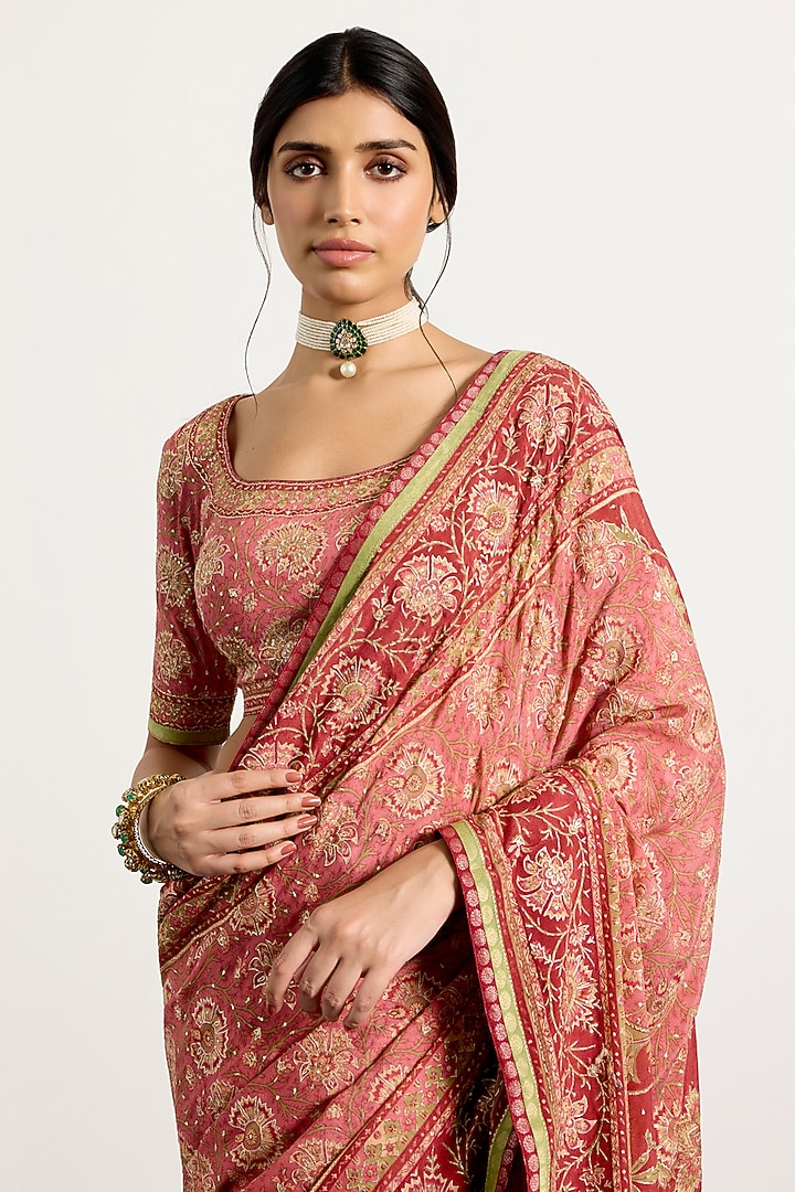 Old Rose Silk Floral Printed & Hand Embroidered Bridal Saree Set by Ri Ritu Kumar at Pernia's Pop Up Shop