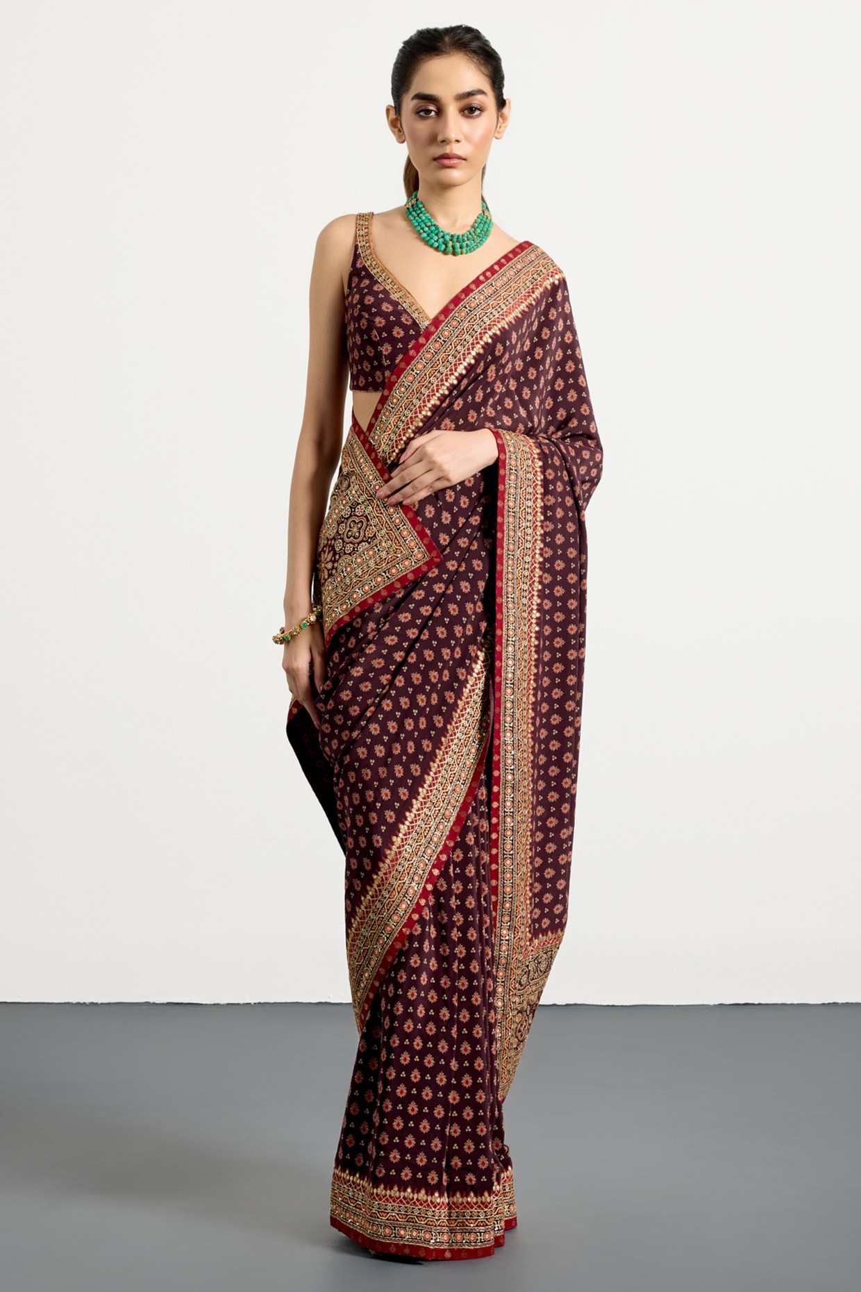 Ri Ritu Kumar Brown Silk Ajrakh Printed & Hand Embroidered Saree Set