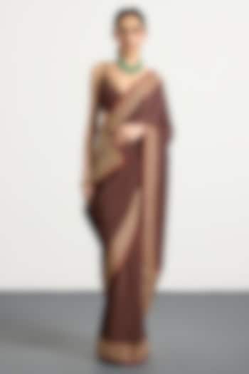 Brown Silk Ajrakh Printed & Hand Embroidered Reception Saree Set by Ri Ritu Kumar at Pernia's Pop Up Shop