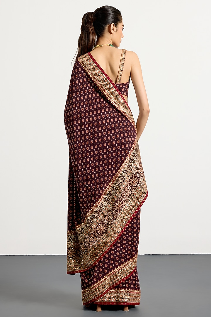 Brown Silk Ajrakh Printed & Hand Embroidered Reception Saree Set by Ri Ritu Kumar at Pernia's Pop Up Shop