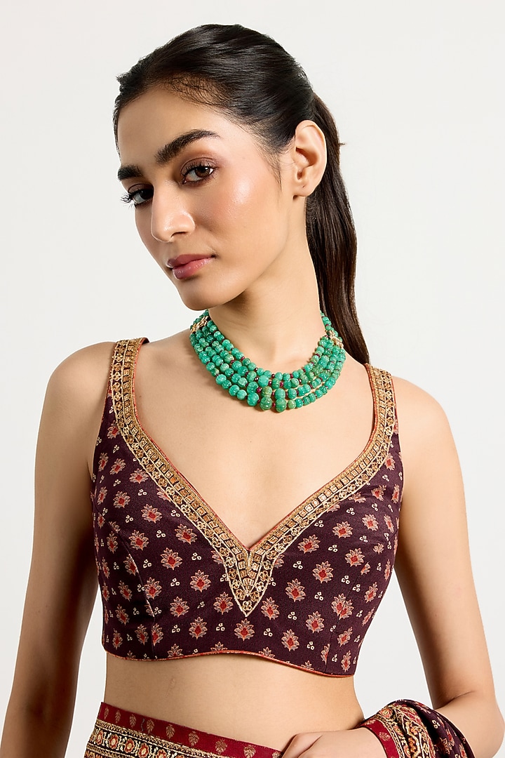 Brown Silk Ajrakh Printed & Hand Embroidered Reception Saree Set by Ri Ritu Kumar at Pernia's Pop Up Shop