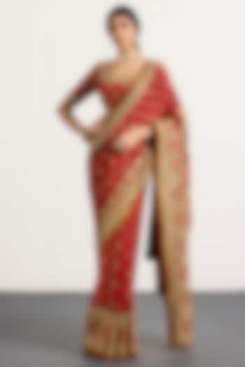 Red Silk Geometric Printed & Hand Embroidered Bridal Saree Set by Ri Ritu Kumar at Pernia's Pop Up Shop