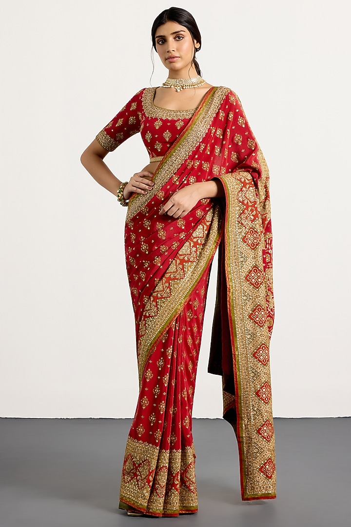 Red Silk Geometric Printed & Hand Embroidered Bridal Saree Set by Ri Ritu Kumar at Pernia's Pop Up Shop