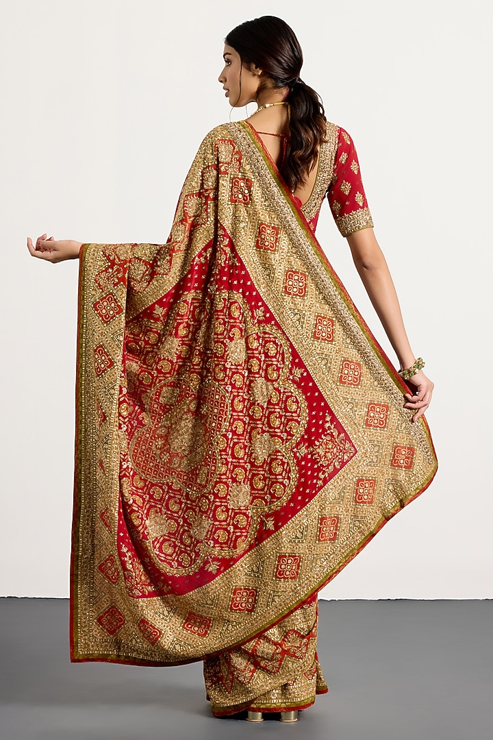 Red Silk Geometric Printed & Hand Embroidered Bridal Saree Set by Ri Ritu Kumar at Pernia's Pop Up Shop