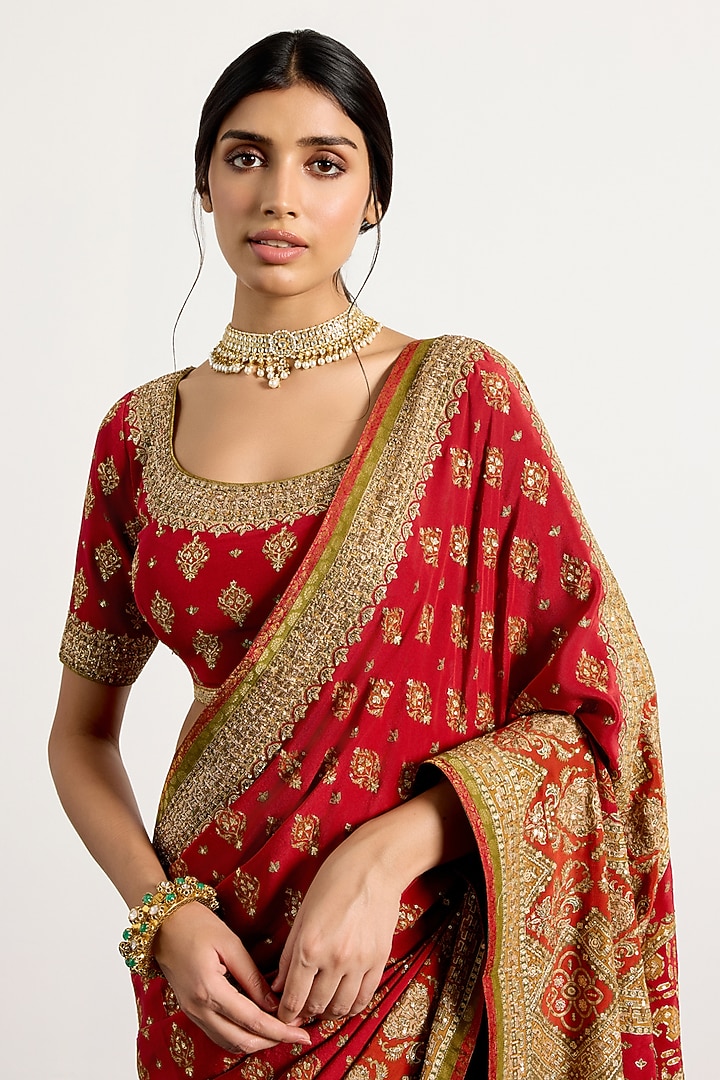 Red Silk Geometric Printed & Hand Embroidered Bridal Saree Set by Ri Ritu Kumar at Pernia's Pop Up Shop
