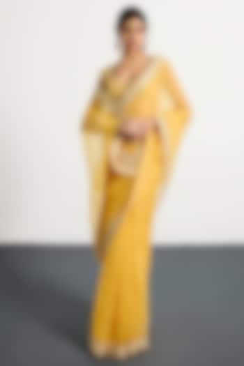 Yellow Silk Organza Kashida Hand Embroidered Bridal Saree Set by Ri Ritu Kumar at Pernia's Pop Up Shop