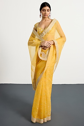 Yellow Silk Organza Kashida Hand Embroidered Saree Set by Ri Ritu Kumar