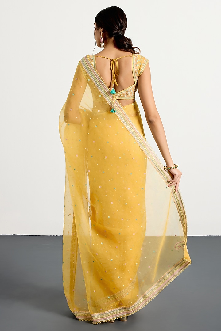 Yellow Silk Organza Kashida Hand Embroidered Reception Saree Set by Ri Ritu Kumar at Pernia's Pop Up Shop