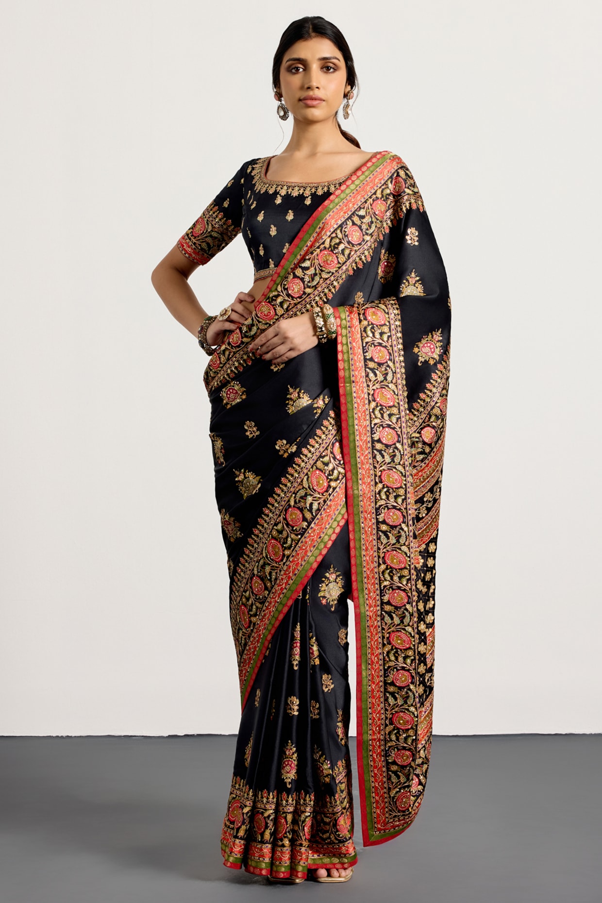 Ri Ritu Kumar Black Silk & Satin Floral Printed Saree Set