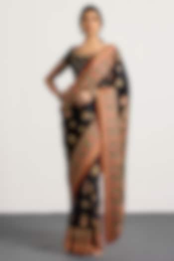 Black Silk & Satin Floral Printed Bridal Saree Set by Ri Ritu Kumar at Pernia's Pop Up Shop