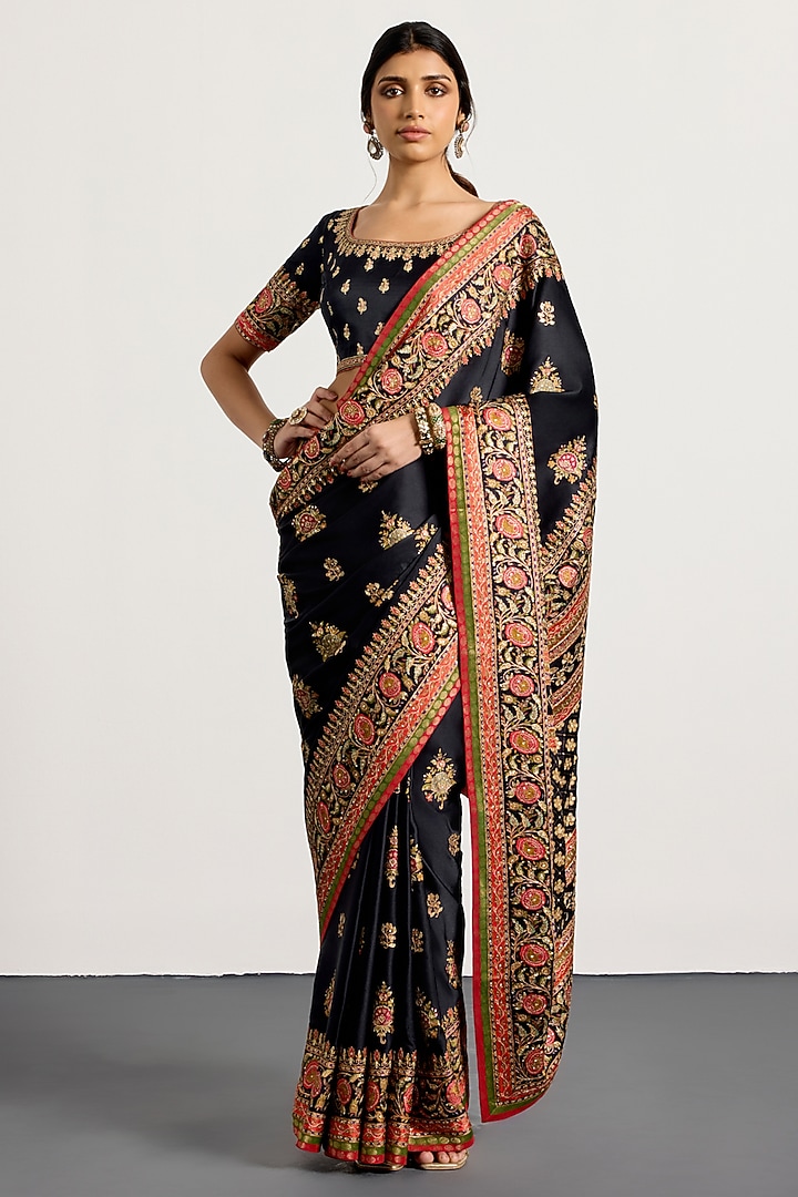 Black Silk & Satin Floral Printed Bridal Saree Set by Ri Ritu Kumar at Pernia's Pop Up Shop