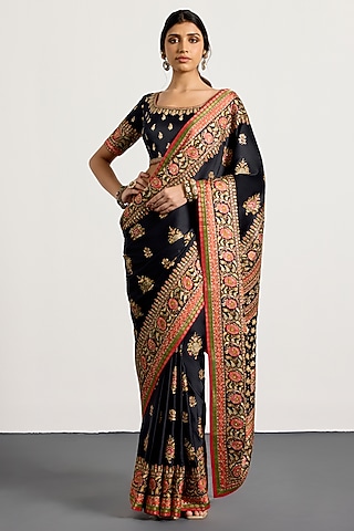 Black Silk & Satin Floral Printed Saree Set by Ri Ritu Kumar