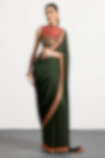 Khaki Green Silk Hand & Machine Embroidered Reception Saree Set by Ri Ritu Kumar at Pernia's Pop Up Shop