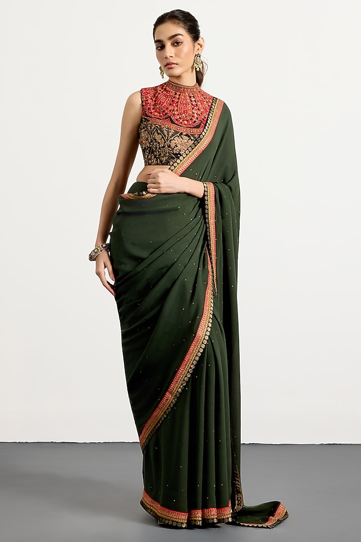 Khaki Green Silk Hand & Machine Embroidered Reception Saree Set by Ri Ritu Kumar at Pernia's Pop Up Shop