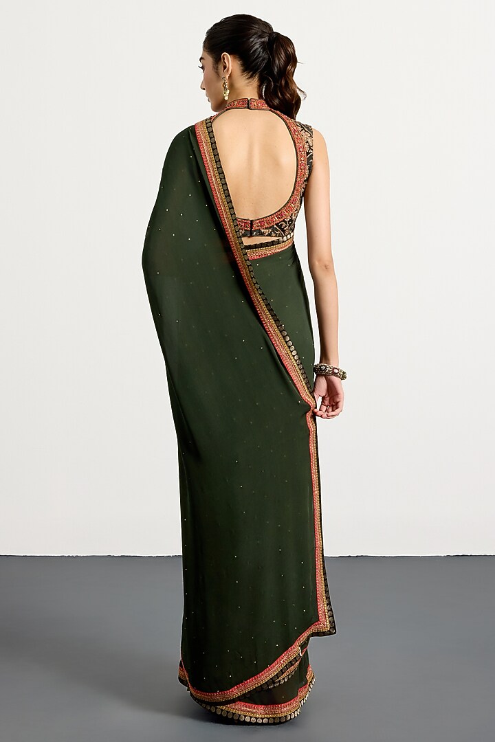 Khaki Green Silk Hand & Machine Embroidered Reception Saree Set by Ri Ritu Kumar at Pernia's Pop Up Shop