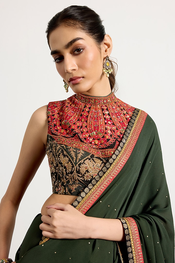 Khaki Green Silk Hand & Machine Embroidered Reception Saree Set by Ri Ritu Kumar at Pernia's Pop Up Shop