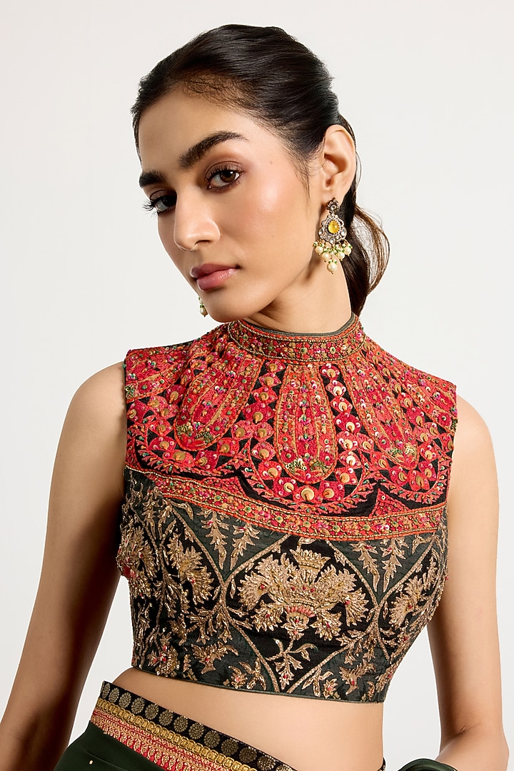 Khaki Green Silk Hand & Machine Embroidered Reception Saree Set by Ri Ritu Kumar at Pernia's Pop Up Shop
