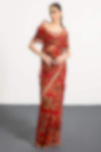 Red Organza Geometric Floral Printed Reception Saree Set by Ri Ritu Kumar at Pernia's Pop Up Shop
