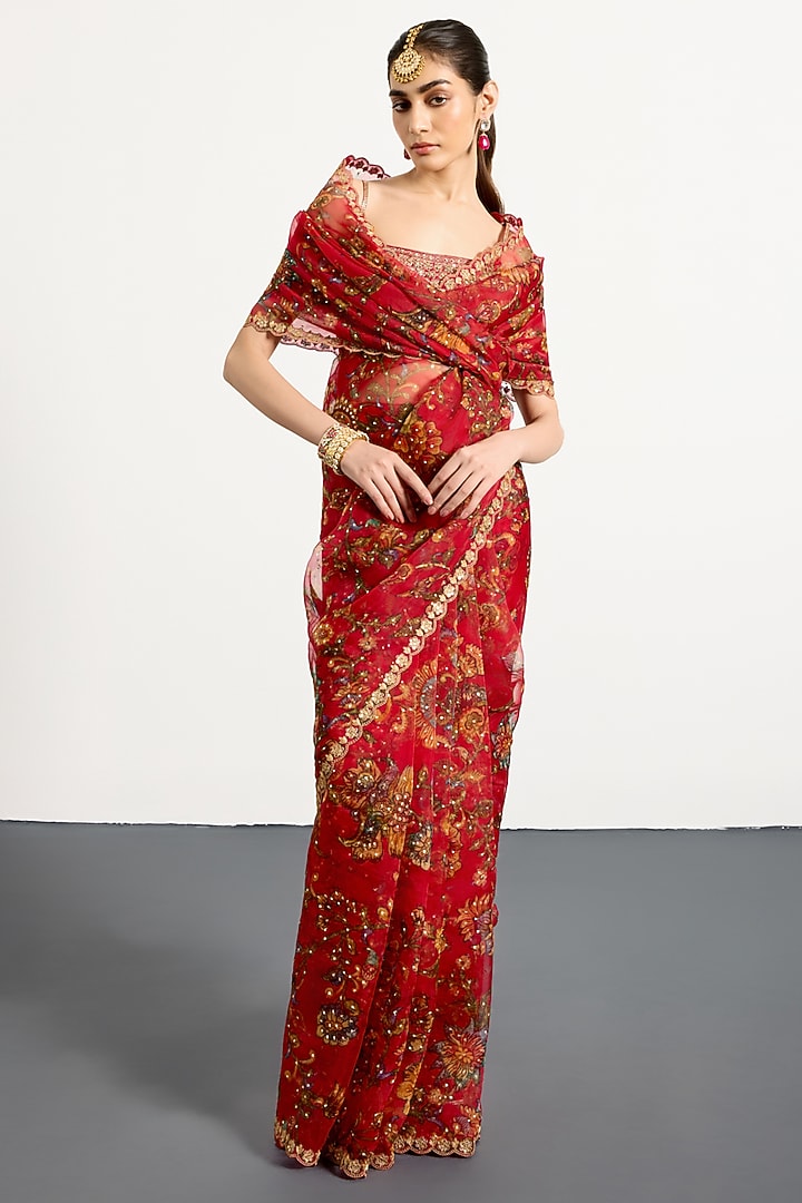Red Organza Geometric Floral Printed Reception Saree Set by Ri Ritu Kumar at Pernia's Pop Up Shop