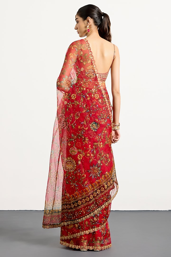 Red Organza Geometric Floral Printed Reception Saree Set by Ri Ritu Kumar at Pernia's Pop Up Shop