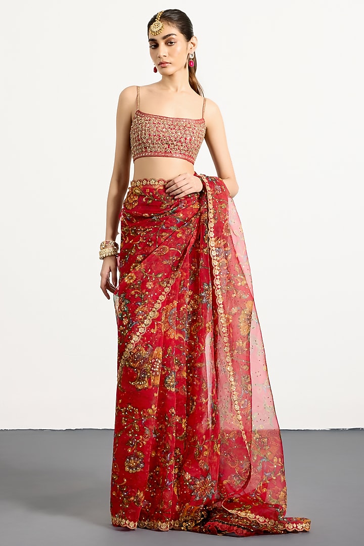 Red Organza Geometric Floral Printed Reception Saree Set by Ri Ritu Kumar at Pernia's Pop Up Shop