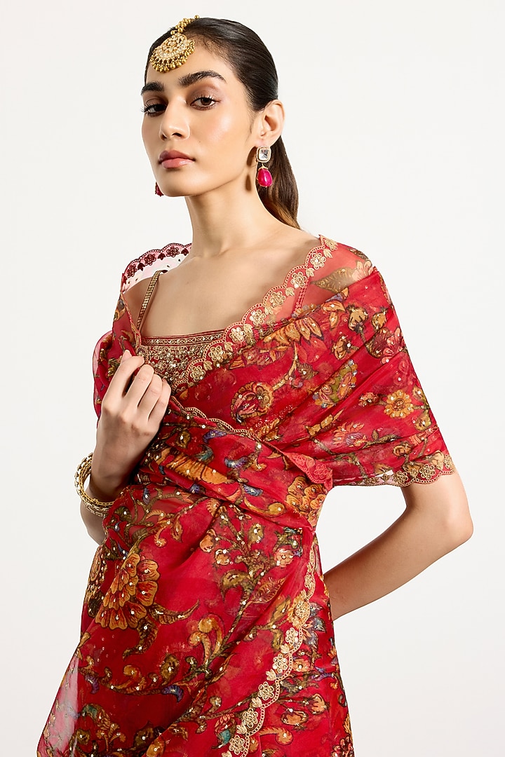 Red Organza Geometric Floral Printed Reception Saree Set by Ri Ritu Kumar at Pernia's Pop Up Shop