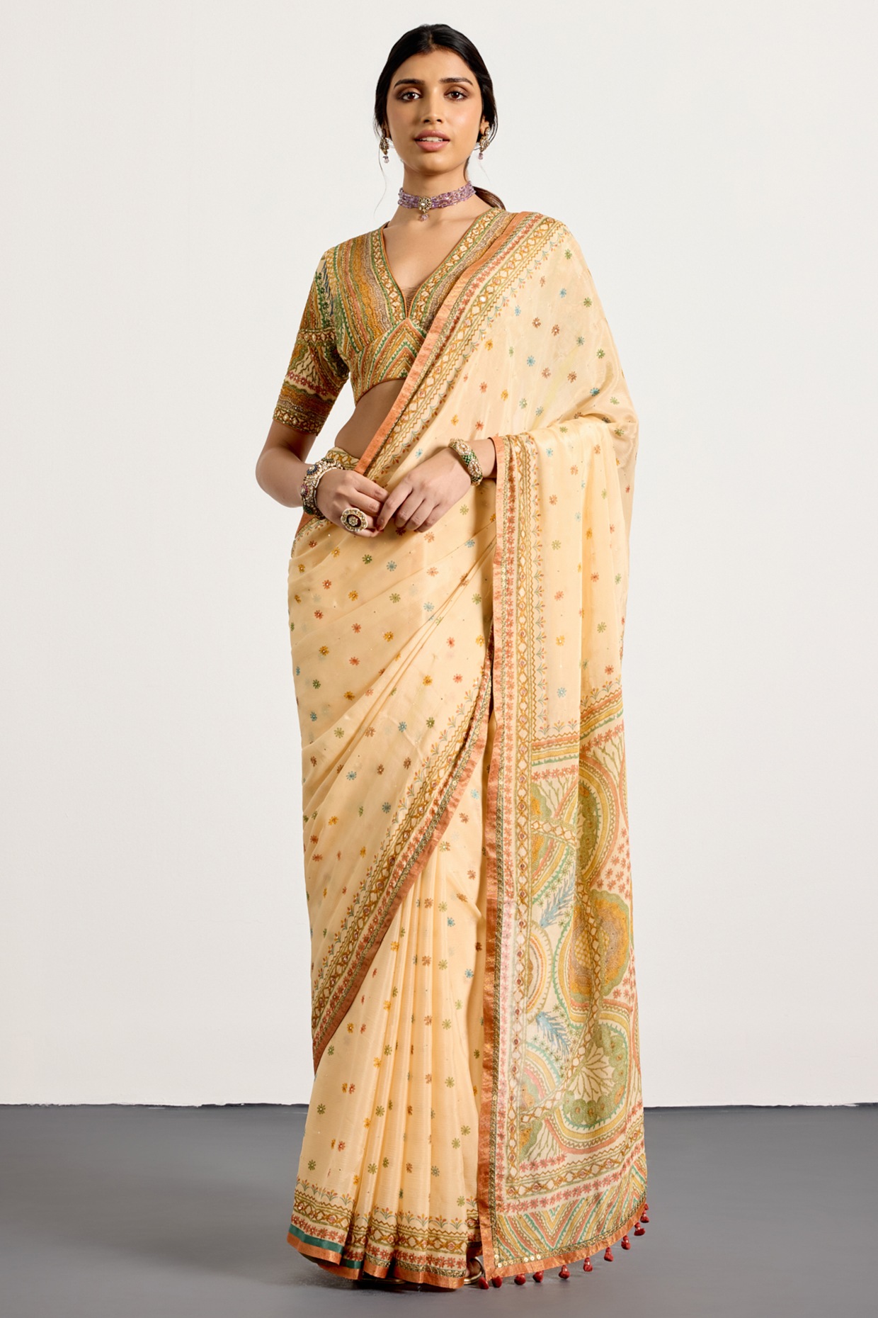 Ri Ritu Kumar Beige Viscose Floral Printed & Embroidered Saree Set
