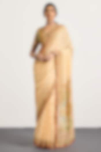 Beige Viscose Floral Printed & Embroidered Wedding Saree Set by Ri Ritu Kumar at Pernia's Pop Up Shop