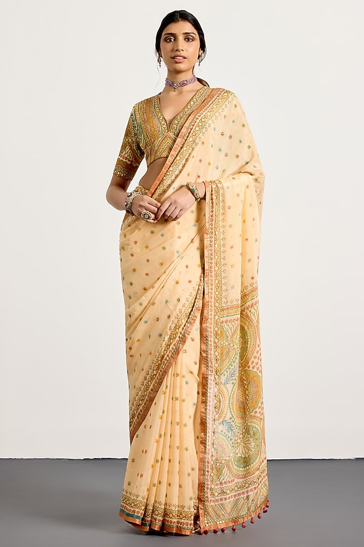 Beige Viscose Floral Printed & Embroidered Wedding Saree Set by Ri Ritu Kumar at Pernia's Pop Up Shop