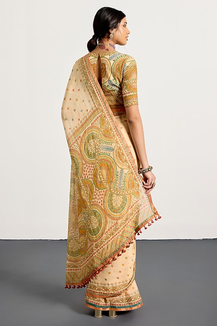 Beige Viscose Floral Printed & Embroidered Wedding Saree Set by Ri Ritu Kumar at Pernia's Pop Up Shop