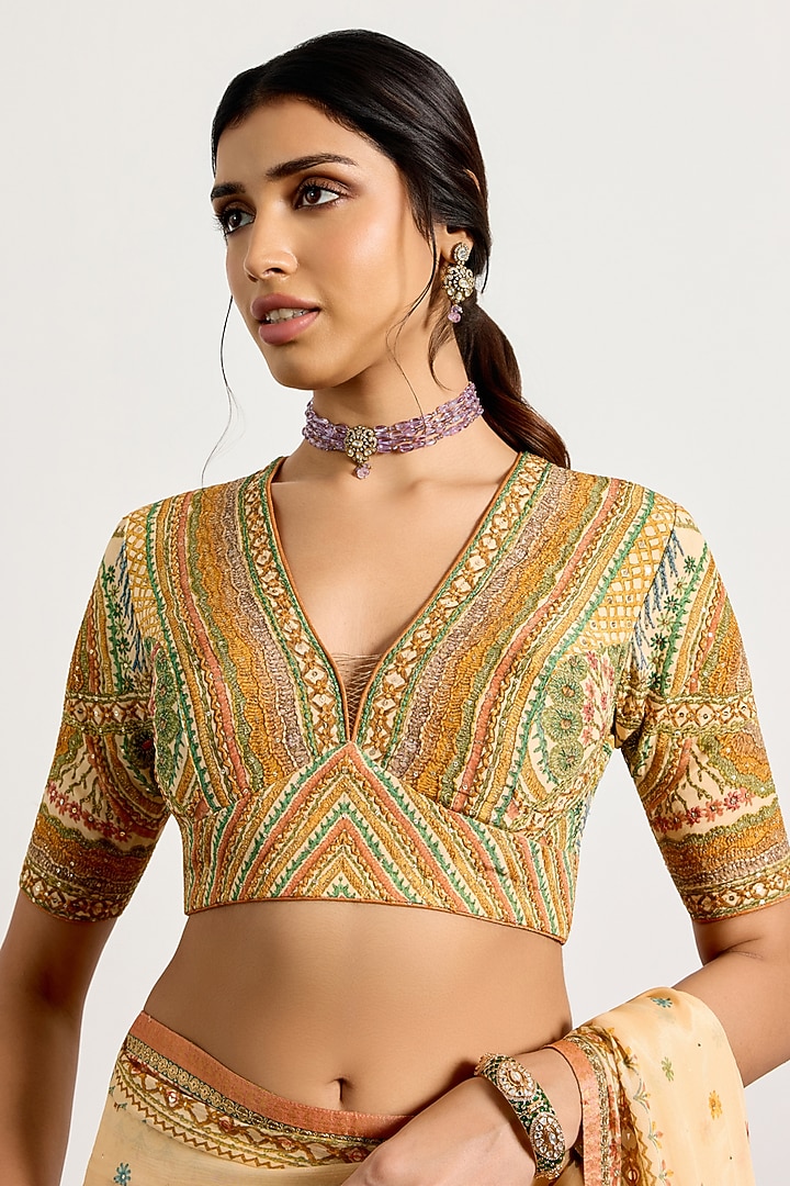 Beige Viscose Floral Printed & Embroidered Wedding Saree Set by Ri Ritu Kumar at Pernia's Pop Up Shop